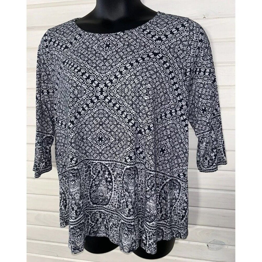 Lucky Brand Sz PLUS 2X Paisley Tee Cotton Modal Tunic Round Neck 3/4 Sleeve EUC